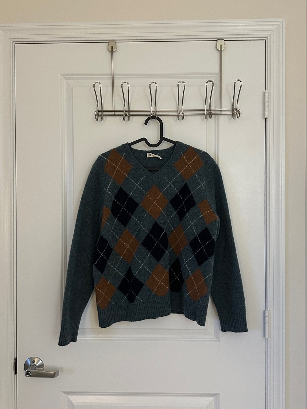 J. Crew Teal Argyle V-Neck Sweater with Brown and Black Diamonds